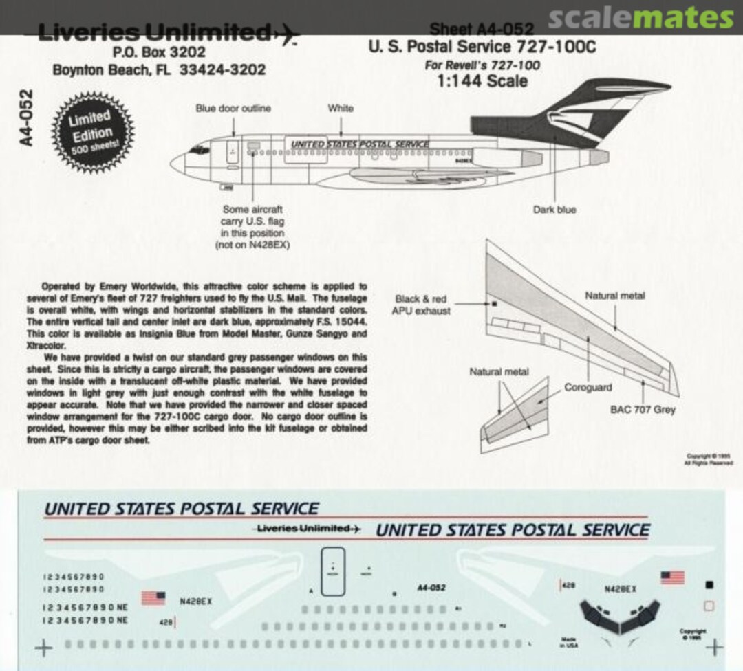 Boxart Boeing 727-100C: United States Postal Service (USPS) A4-052 Liveries Unlimited/Airway Graphics Boxart Boeing 727-100C: United States Postal Service (USPS) A4-052 Liveries Unlimited/Airway Graphics