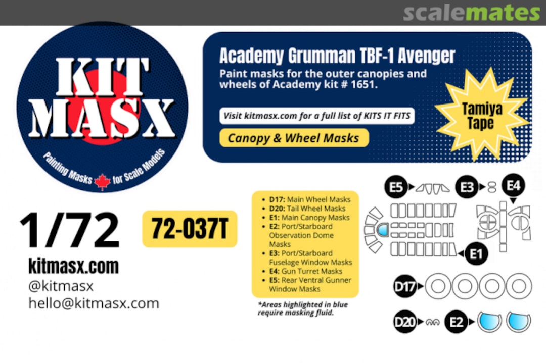 Boxart Grumman TBF-1 Avenger, canopy & wheel masks 72-037T Kit Masx Boxart Grumman TBF-1 Avenger, canopy & wheel masks 72-037T Kit Masx