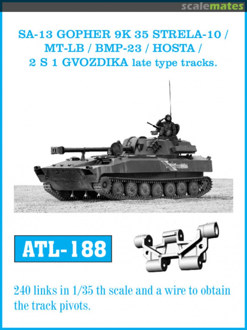 Boxart SA-13 GOPHER 9K 35 STRELA 10 / MT-LB / BMP23 / HOSTA / 2 S 1 GVODZIKA late type tracks. ATL-188 Friulmodel Boxart SA-13 GOPHER 9K 35 STRELA 10 / MT-LB / BMP23 / HOSTA / 2 S 1 GVODZIKA late type tracks. ATL-188 Friulmodel