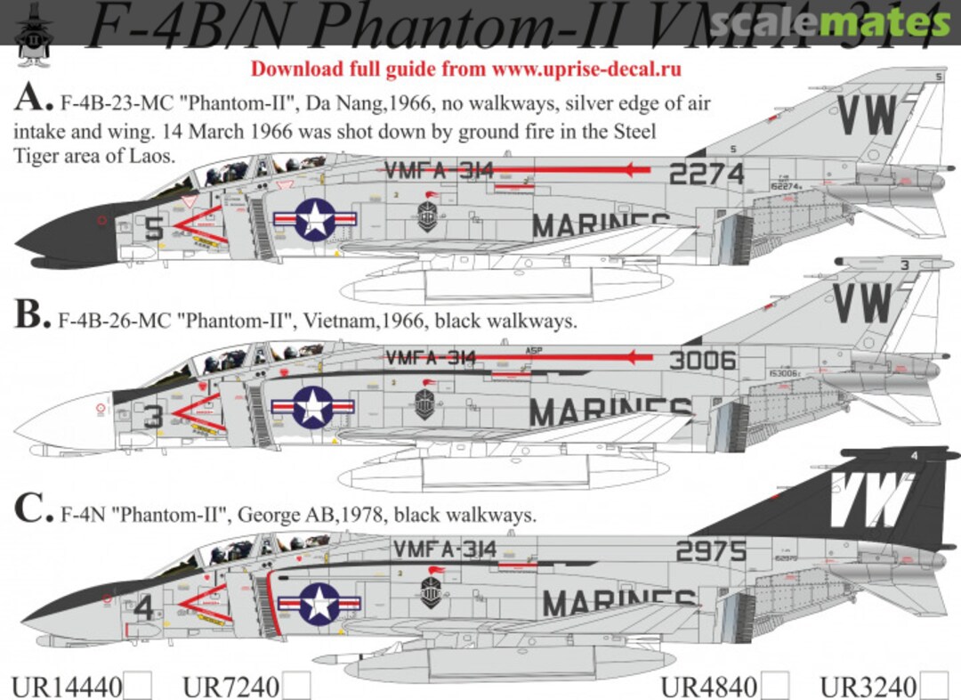 Boxart F-4B/N Phantom-II - VMFA-314, ver.2, FFA (removable film) UR4840 UpRise Decal Boxart F-4B/N Phantom-II - VMFA-314, ver.2, FFA (removable film) UR4840 UpRise Decal
