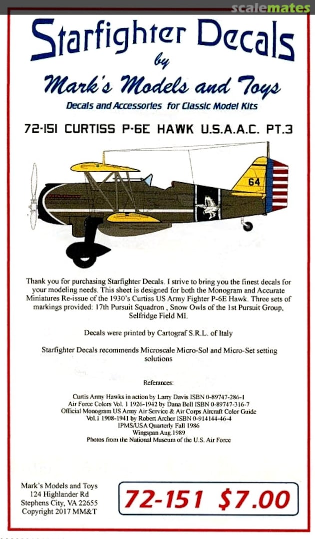 Boxart Curtiss P-6E Hawk U.S.A.A.C. Pt. 3 72-151 Starfighter Decals