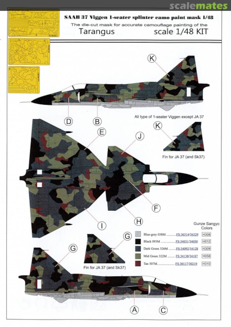Boxart SAAB 37 Viggen 1-seater splinter camo paint mask MMK4876 Maestro Models