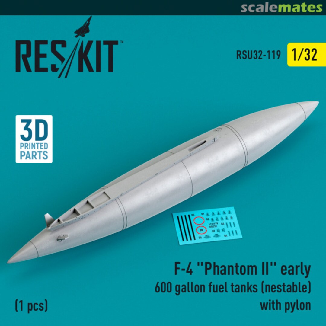 Boxart F-4 Phantom II early 600 gallon fuel tanks (nestable) with pylon (1 pcs) (3D Printed) RSU32-0119 ResKit