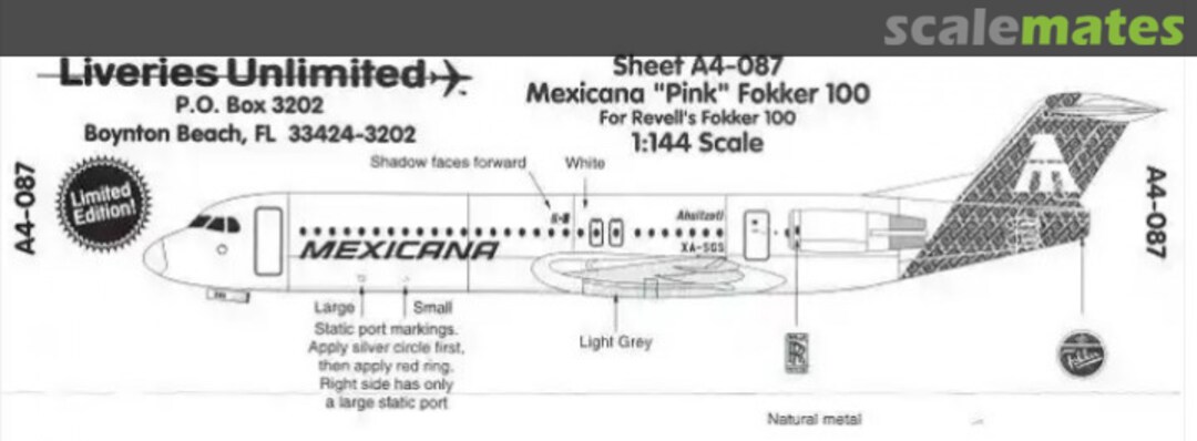 Boxart Mexicana "Pink" Fokker 100 A4-087 Liveries Unlimited/Airway Graphics Boxart Mexicana "Pink" Fokker 100 A4-087 Liveries Unlimited/Airway Graphics