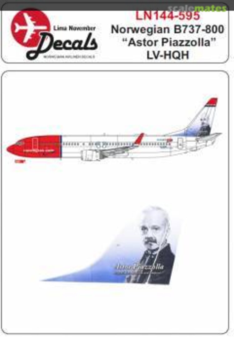 Boxart Norwegian Air Argentina B737-800 LV-HQH "Astor Piazzolla" tail hero LN144-595 Lima November Decals