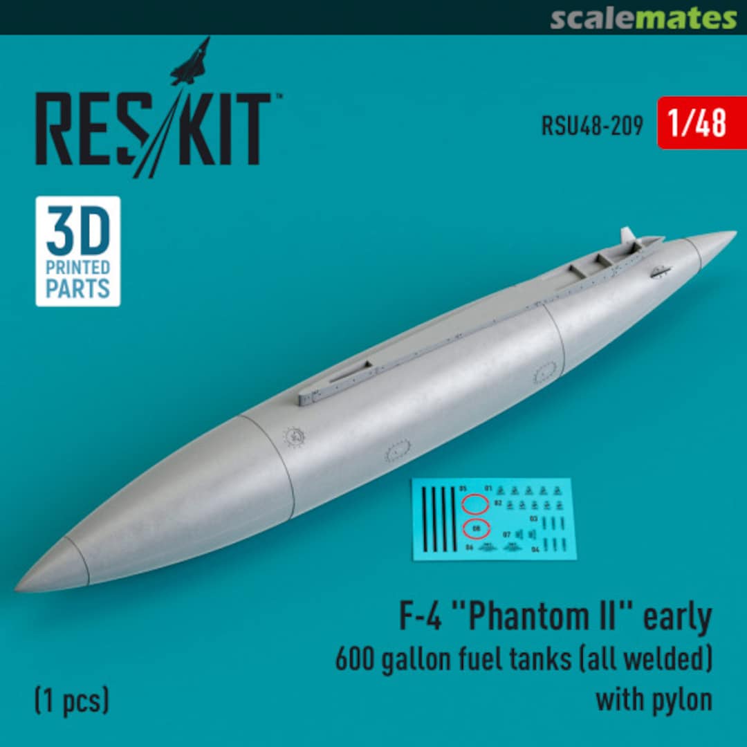 Boxart F-4 Phantom II early 600 gallon fuel tanks (all welded) with pylon (1 pcs) (3D Printed) RSU48-0209 ResKit Boxart F-4 Phantom II early 600 gallon fuel tanks (all welded) with pylon (1 pcs) (3D Printed) RSU48-0209 ResKit