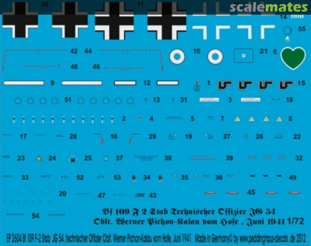 Boxart Bf 109 F-2 Stab JG 52 Technischer Offizier Oblt. Werner Pichon-Kalau vom Hofe, Juni 1941 EP 2604 Peddinghaus-Decals Boxart Bf 109 F-2 Stab JG 52 Technischer Offizier Oblt. Werner Pichon-Kalau vom Hofe, Juni 1941 EP 2604 Peddinghaus-Decals
