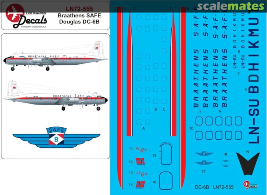 Boxart Braathens SAFE Douglas DC-6B with window masks LN72-555 Lima November Decals Boxart Braathens SAFE Douglas DC-6B with window masks LN72-555 Lima November Decals