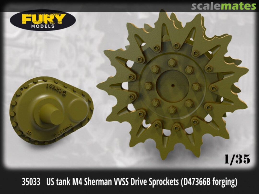 Boxart US tank M4 Sherman VVSS Drive Sprockets (D47366B forging) 35033 Fury Models Boxart US tank M4 Sherman VVSS Drive Sprockets (D47366B forging) 35033 Fury Models
