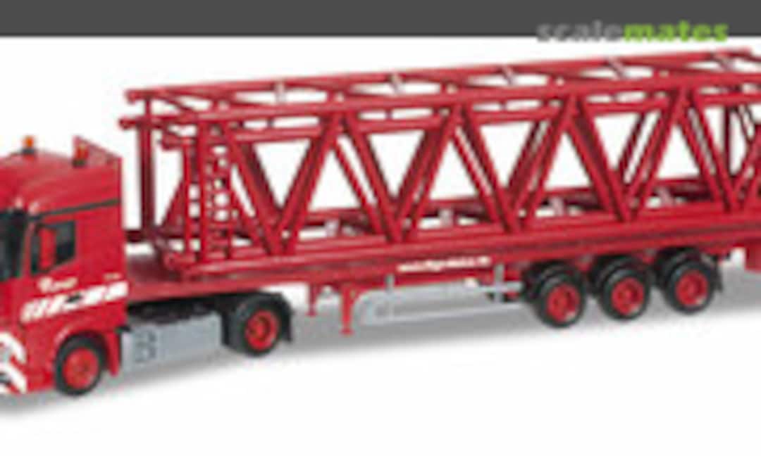 Mercedes-Benz Actros Streamspace Flachbett-Sattelzug mit 2 Gittermastteilen &quot;Riga Mainz&quot; (Herpa 304764)