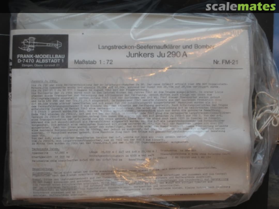 Boxart Junkers Ju 290A FM-21 Frank-Modellbau Boxart Junkers Ju 290A FM-21 Frank-Modellbau