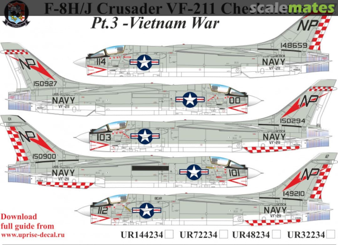 Boxart F-8H/J Crusader VF-211 Checkmates Pt.3 with stencils FFA(removable film) UR72234 UpRise Decal