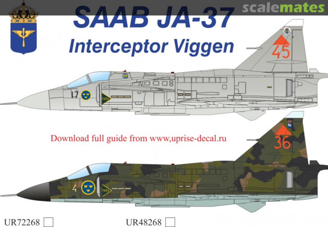Boxart SAAB JA37 Interceptor Viggen with stencils UR72268 UpRise Decal Boxart SAAB JA37 Interceptor Viggen with stencils UR72268 UpRise Decal