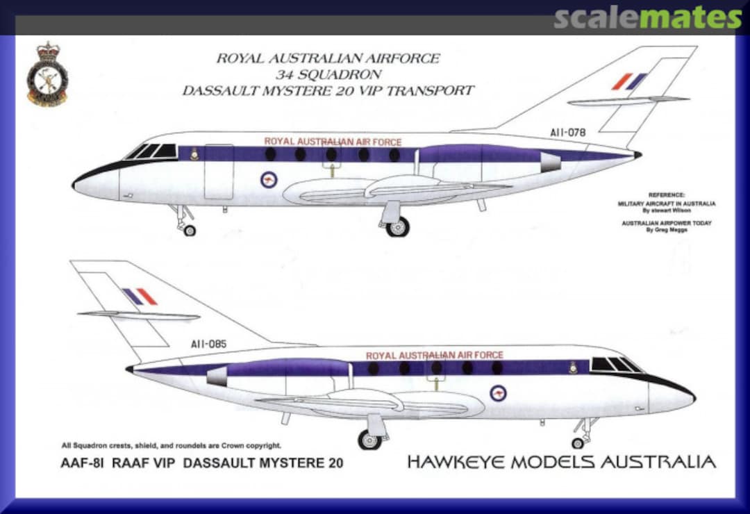 Boxart RAAF, Dassault Mystere 20, 34 Sqn. VIP Transport AAF-081 Hawkeye Models