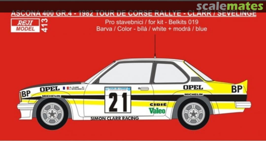 Boxart Opel Ascona 400 Group 4 Simon Clarr Racing Team sponsored by BP #21 413 REJI Model Boxart Opel Ascona 400 Group 4 Simon Clarr Racing Team sponsored by BP #21 413 REJI Model