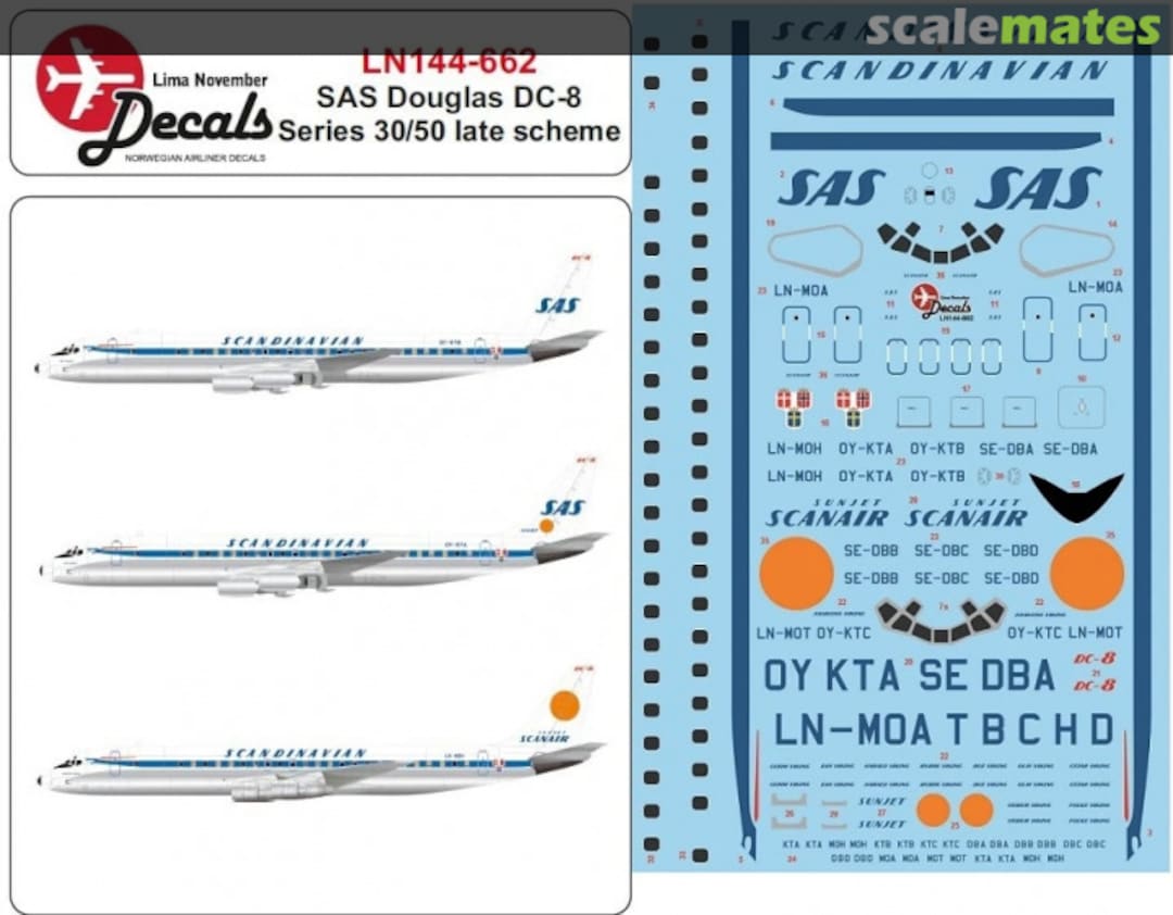 Boxart SAS DC-8 series 30/50 in the late colour scheme LN144-662 Lima November Decals Boxart SAS DC-8 series 30/50 in the late colour scheme LN144-662 Lima November Decals