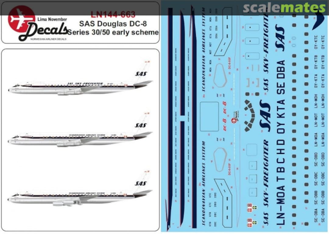 Boxart SAS DC-8 series 30/50 in the first scheme. LN144-663 Lima November Decals Boxart SAS DC-8 series 30/50 in the first scheme. LN144-663 Lima November Decals