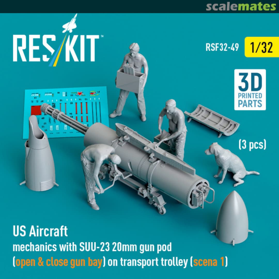 Boxart US Aircraft mechanics with SUU-23 20mm gun pod (open & close gun bay) on transport trolley (scene 1) (3 pcs) RSF32-0049 ResKit Boxart US Aircraft mechanics with SUU-23 20mm gun pod (open & close gun bay) on transport trolley (scene 1) (3 pcs) RSF32-0049 ResKit