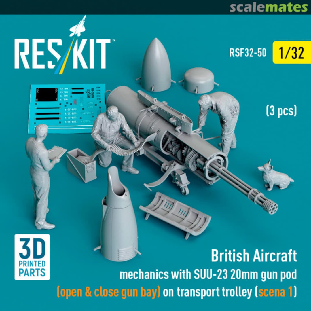 Boxart British Aircraft mechanics with SUU-23 20mm gun pod (open & close gun bay) on transport trolley (scene 1) (3 pcs) RSF32-0050 ResKit