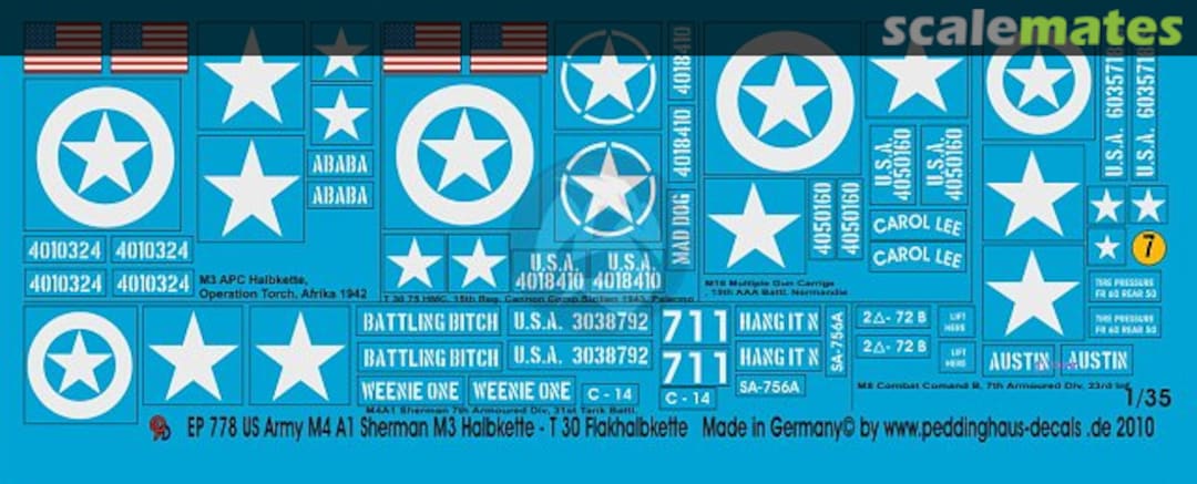 Boxart US Army M4A1 Sherman M3 Halbkette T30 Flakhalbkette EP 778 Peddinghaus-Decals Boxart US Army M4A1 Sherman M3 Halbkette T30 Flakhalbkette EP 778 Peddinghaus-Decals