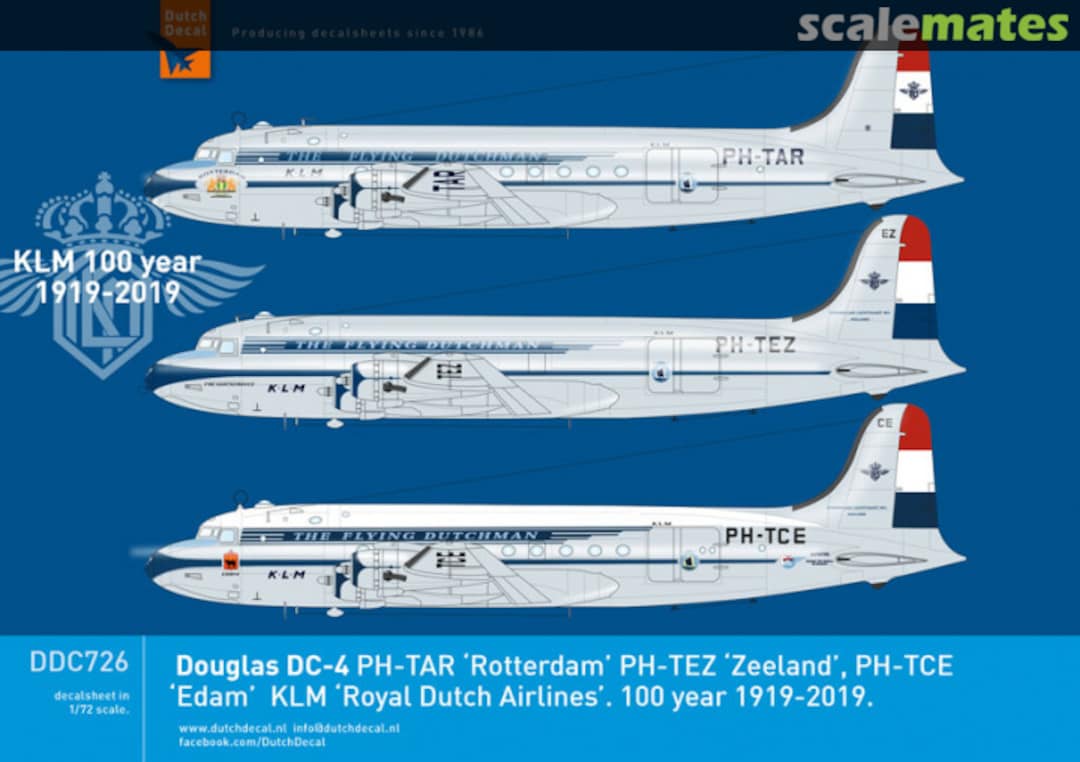Boxart Douglas DC-4 PH-TAR 'Rotterdam' PH-TEZ 'Zeeland', PH-TCE ' Edam' KLM 'Royal Dutch Airlines'. 100 year 1919-2019. DDC726 Dutch Decal Boxart Douglas DC-4 PH-TAR 'Rotterdam' PH-TEZ 'Zeeland', PH-TCE ' Edam' KLM 'Royal Dutch Airlines'. 100 year 1919-2019. DDC726 Dutch Decal