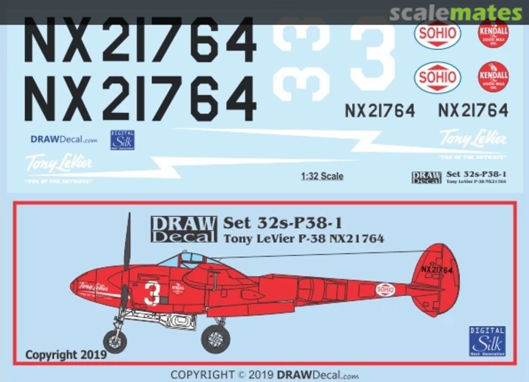 Boxart Tony LeVier P-38L NX21764 32-P38-1 Draw Decal Boxart Tony LeVier P-38L NX21764 32-P38-1 Draw Decal