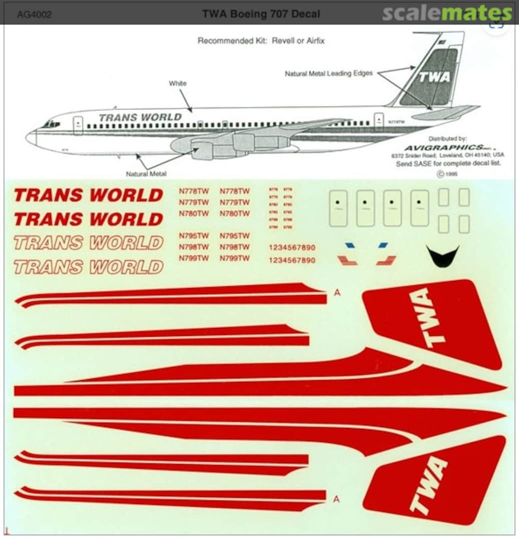Boxart Trans World Airlines 707-130B/330B/C (twin red stripe scheme) AG4002 Avigraphics Boxart Trans World Airlines 707-130B/330B/C (twin red stripe scheme) AG4002 Avigraphics