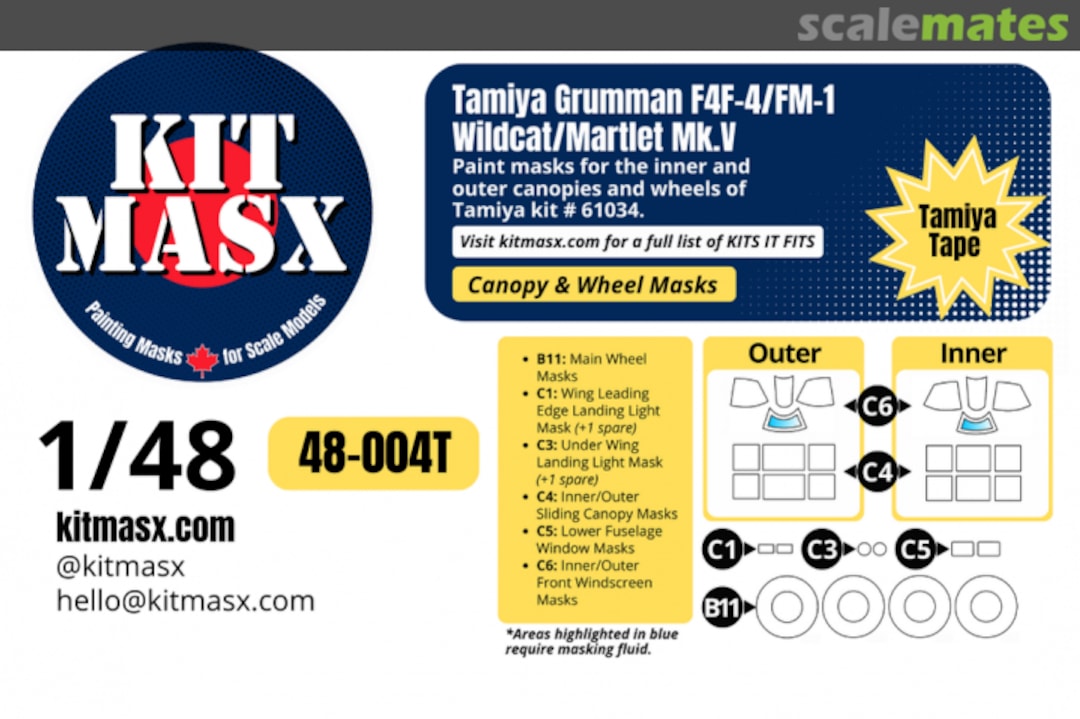 Boxart Grumman F4F-4/FM-1 WIldcat/Martlet Mk.V, canopy & wheel masks 48-004T Kit Masx Boxart Grumman F4F-4/FM-1 WIldcat/Martlet Mk.V, canopy & wheel masks 48-004T Kit Masx