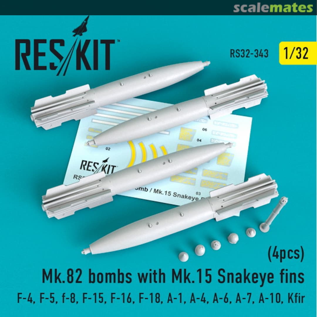 Boxart Mk.82 bombs with Mk.15 Snakeye fins (4 pcs) (F-4, F-5, F-8, F-15, F-16, F-18, A-1, A-4, A-6, A-7, A-10, Kfir) RS32-0343 ResKit