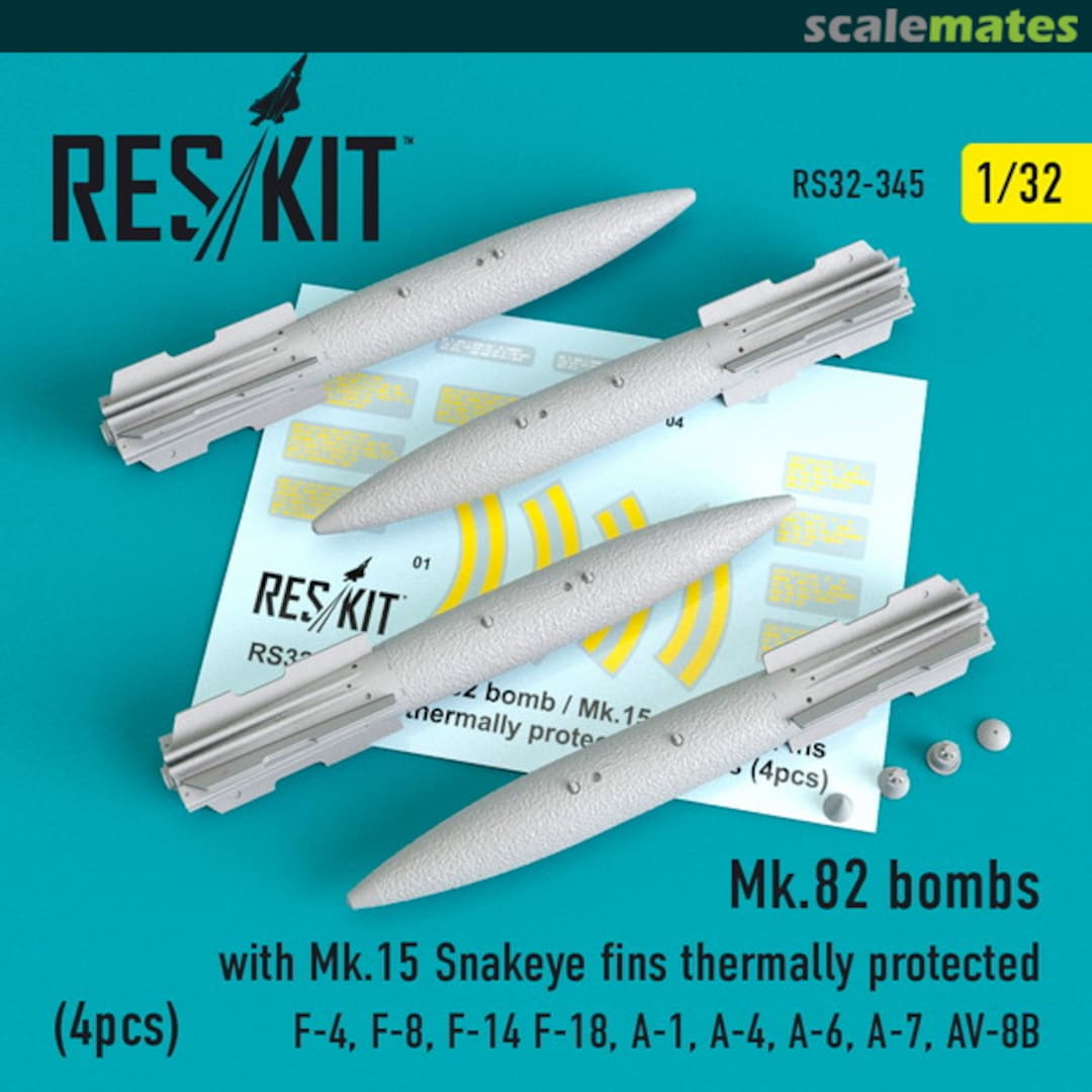 Boxart Mk.82 bombs with Mk.15 Snakeye Fins thermally protected (4 pcs)(F-4, F-8, F-14 F-18, A-1, A-4, A-6, A-7, AV-8B) RS32-0345 ResKit