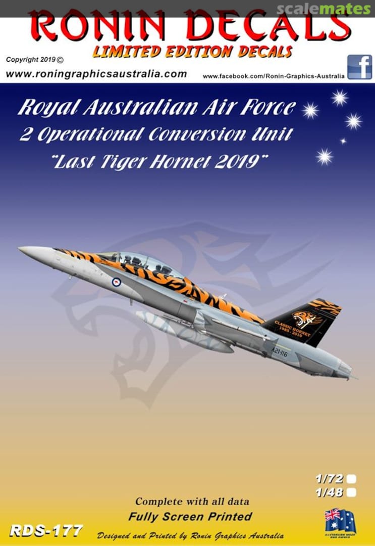 Boxart Royal Australian Air Force - 2 Operational Conversion Unit ' "Last Tiger Hornet 2019" RDS-177 Ronin Decals Boxart Royal Australian Air Force - 2 Operational Conversion Unit ' "Last Tiger Hornet 2019" RDS-177 Ronin Decals