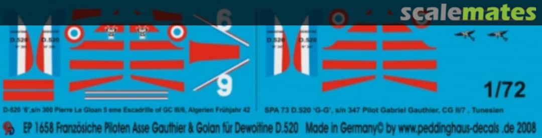 Boxart Französische Jägerasse No 3 Piloten Dewoitine D.520 Golan & Gauthier EP 1658 Peddinghaus-Decals Boxart Französische Jägerasse No 3 Piloten Dewoitine D.520 Golan & Gauthier EP 1658 Peddinghaus-Decals