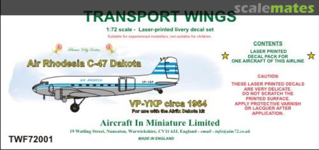 Boxart Air Rhodesia Douglas C-47A (circa 1964) decal set TWF72001 Aircraft In Miniature Ltd Boxart Air Rhodesia Douglas C-47A (circa 1964) decal set TWF72001 Aircraft In Miniature Ltd