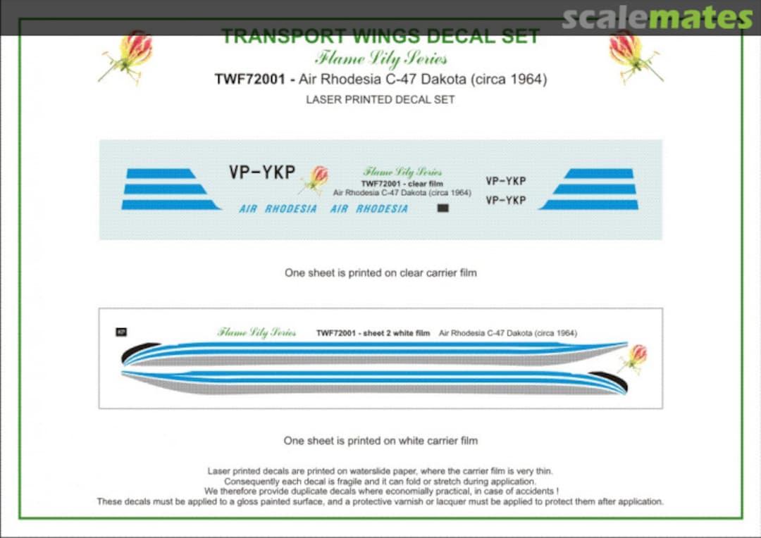 Contents Air Rhodesia Douglas C-47A (circa 1964) decal set TWF72001 Aircraft In Miniature Ltd Contents Air Rhodesia Douglas C-47A (circa 1964) decal set TWF72001 Aircraft In Miniature Ltd