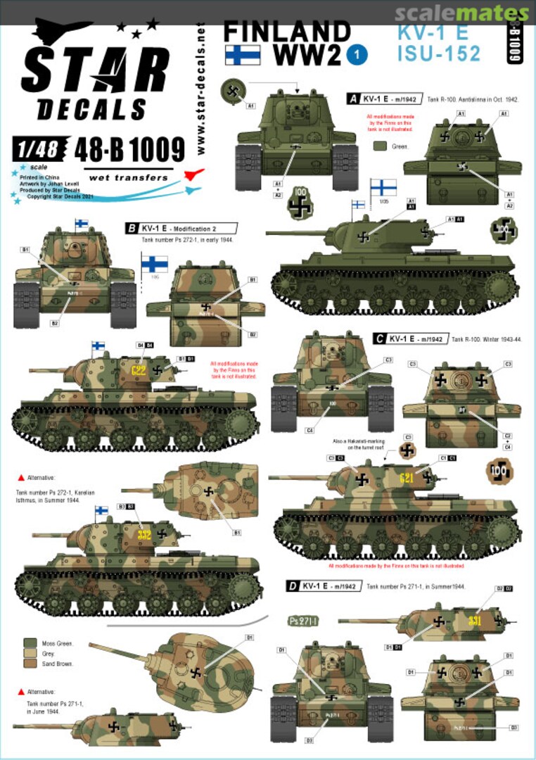 Boxart KV-1E and ISU-152 heavy tanks. KV-1 E m/1942 and KV-1 E Modification 2. 48-B1009 Star Decals