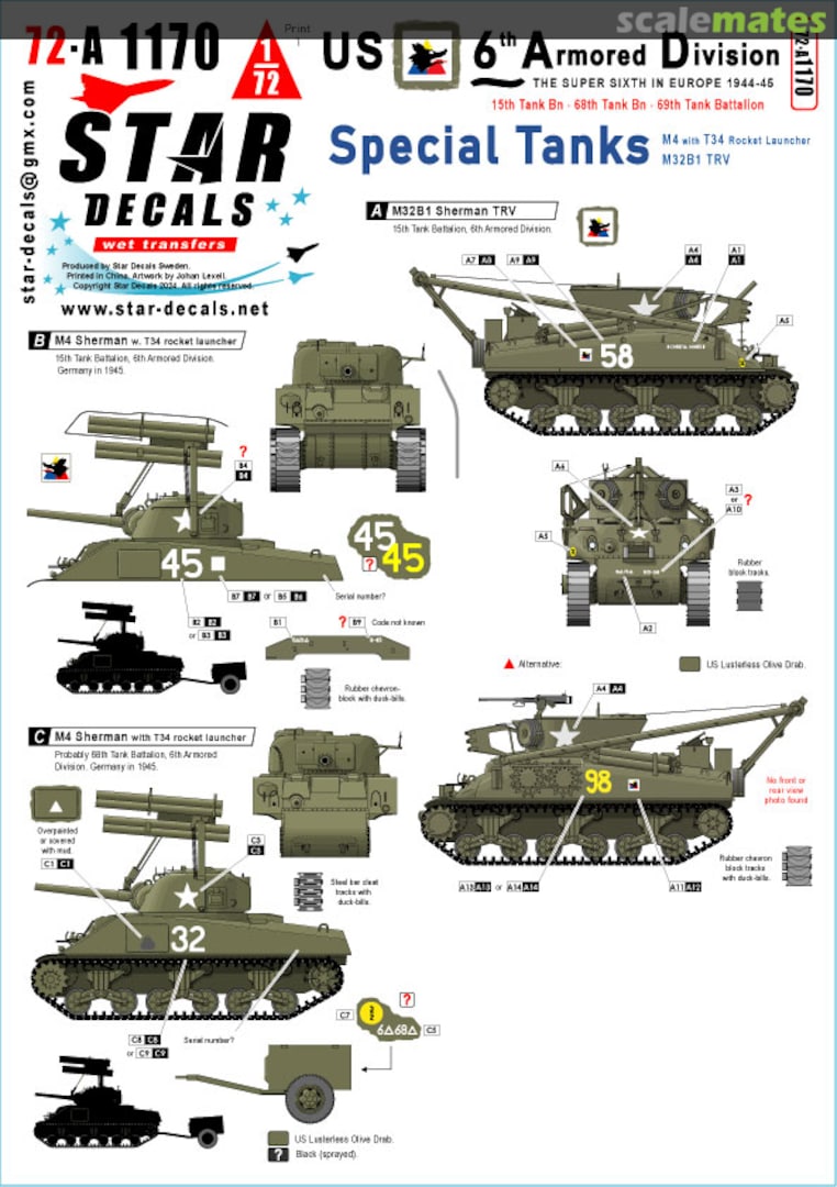 Boxart US 6th Armored Division # 4. Special Tanks. M4 with T34 Rocket Launcher and M32B1 TRV. 72-A1170 Star Decals Boxart US 6th Armored Division # 4. Special Tanks. M4 with T34 Rocket Launcher and M32B1 TRV. 72-A1170 Star Decals