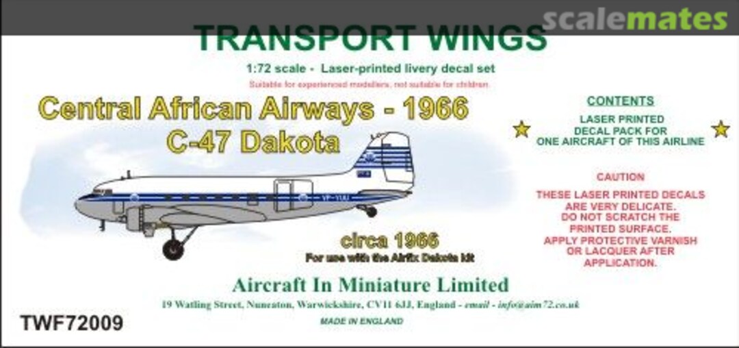Boxart Central African Airways C-47 Dakota (circa 1966) decal set. TWF72009 Aircraft In Miniature Ltd Boxart Central African Airways C-47 Dakota (circa 1966) decal set. TWF72009 Aircraft In Miniature Ltd