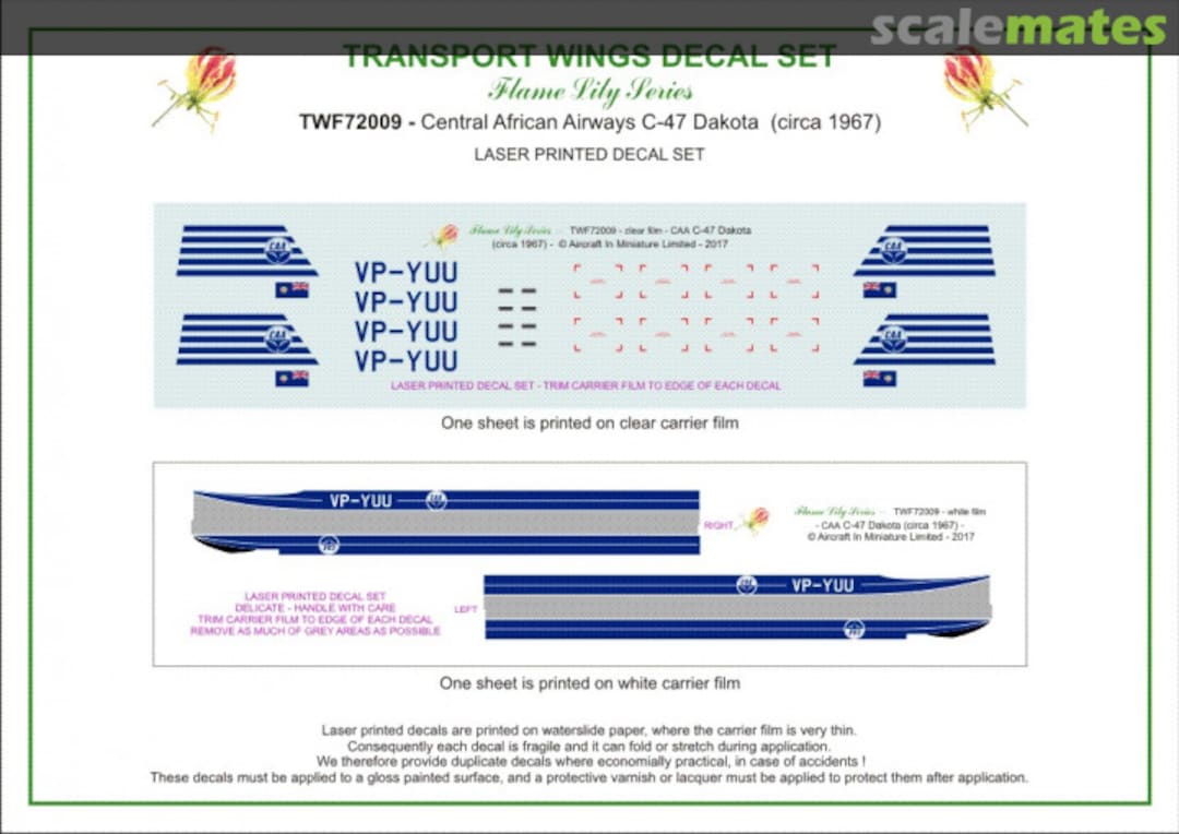 Contents Central African Airways C-47 Dakota (circa 1966) decal set. TWF72009 Aircraft In Miniature Ltd Contents Central African Airways C-47 Dakota (circa 1966) decal set. TWF72009 Aircraft In Miniature Ltd
