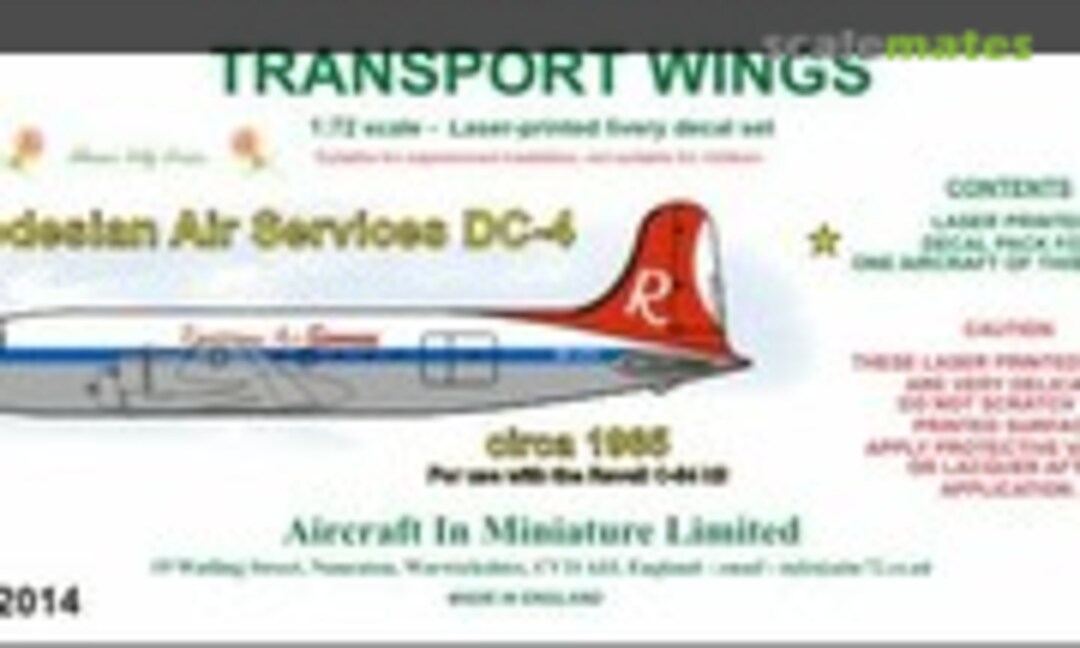 1:72 Rhodesian Air Services Douglas DC-4 (circa 1965) decal set. (Aircraft In Miniature Ltd TWF72014) TWF72014