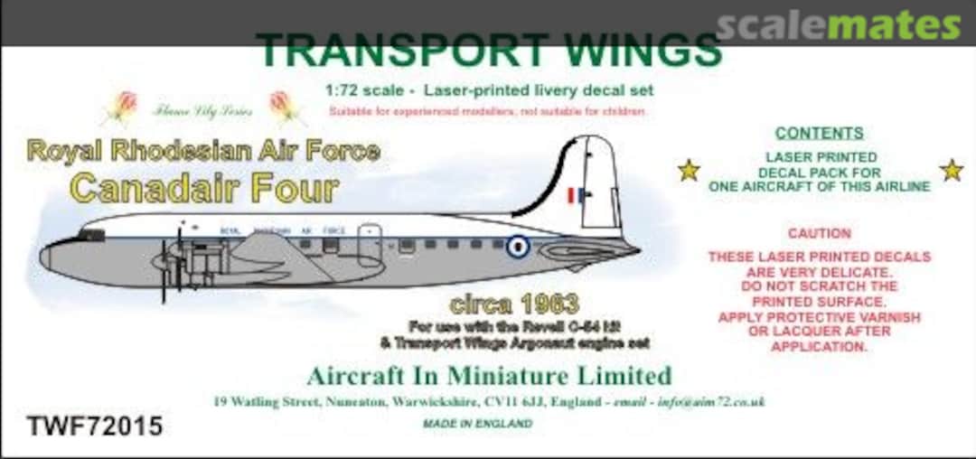 Boxart Royal Rhodesian Air Force Canadair C-4 Argonaut (circa 1963) decal set TWF72015 Aircraft In Miniature Ltd Boxart Royal Rhodesian Air Force Canadair C-4 Argonaut (circa 1963) decal set TWF72015 Aircraft In Miniature Ltd