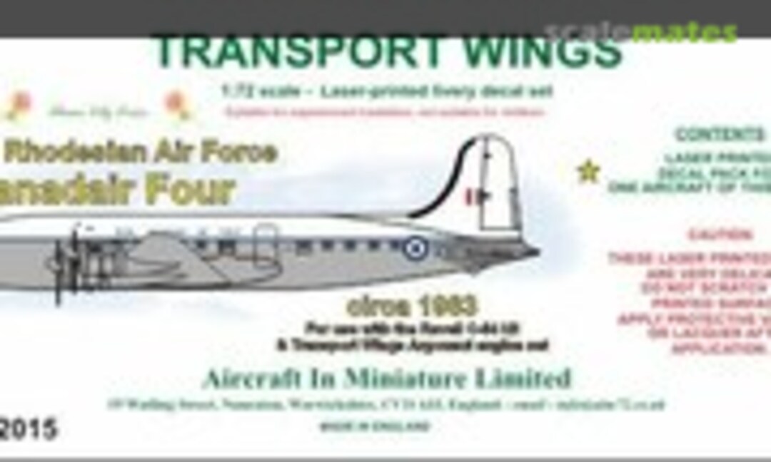 1:72 Royal Rhodesian Air Force Canadair C-4 Argonaut (circa 1963) decal set (Aircraft In Miniature Ltd TWF72015) TWF72015