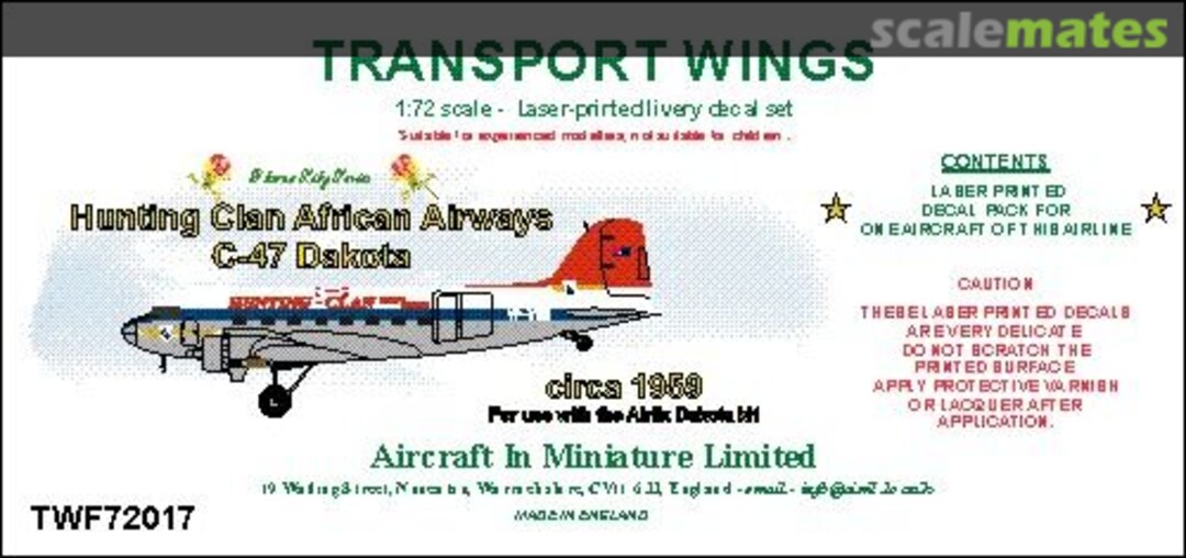 Boxart Hunting Clan African Airways C-47 Dakota (circa 1959) decal set. TWF72017 Aircraft In Miniature Ltd Boxart Hunting Clan African Airways C-47 Dakota (circa 1959) decal set. TWF72017 Aircraft In Miniature Ltd