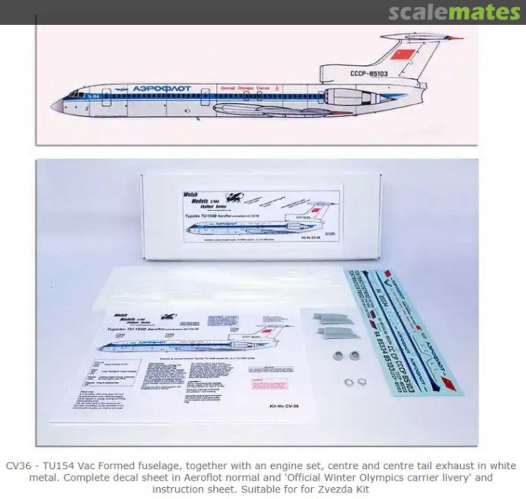 Boxart TU-154 Vacform fuselage & resin engines CV-36 Welsh Models Boxart TU-154 Vacform fuselage & resin engines CV-36 Welsh Models