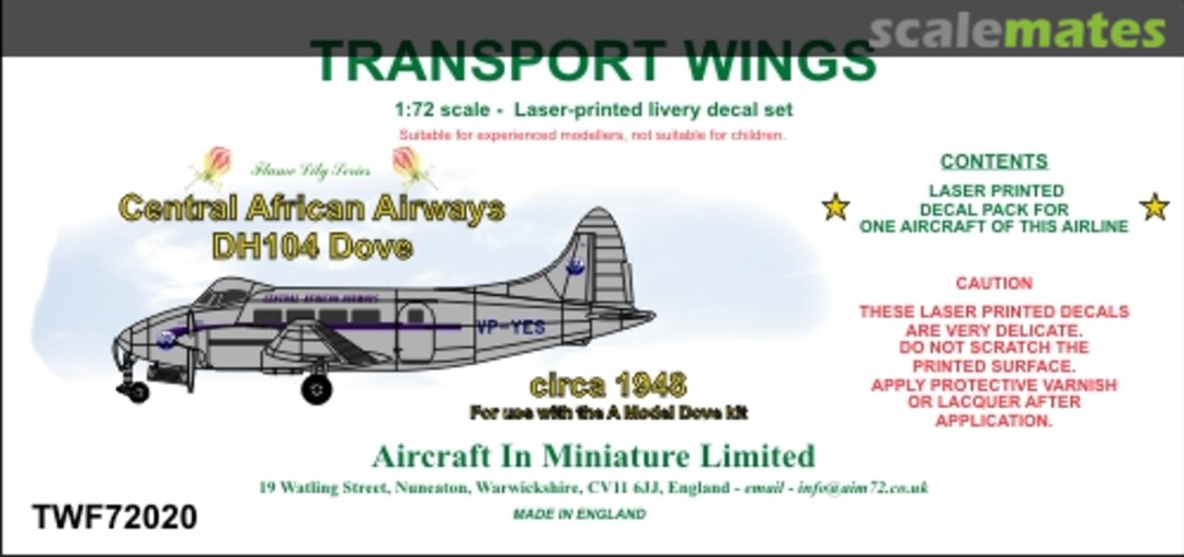Boxart Central African Airways de Havilland DH-104 Dove (circa 1948) decal set. TWF72020 Aircraft In Miniature Ltd