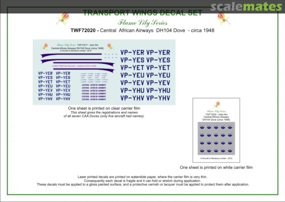 Contents Central African Airways de Havilland DH-104 Dove (circa 1948) decal set. TWF72020 Aircraft In Miniature Ltd