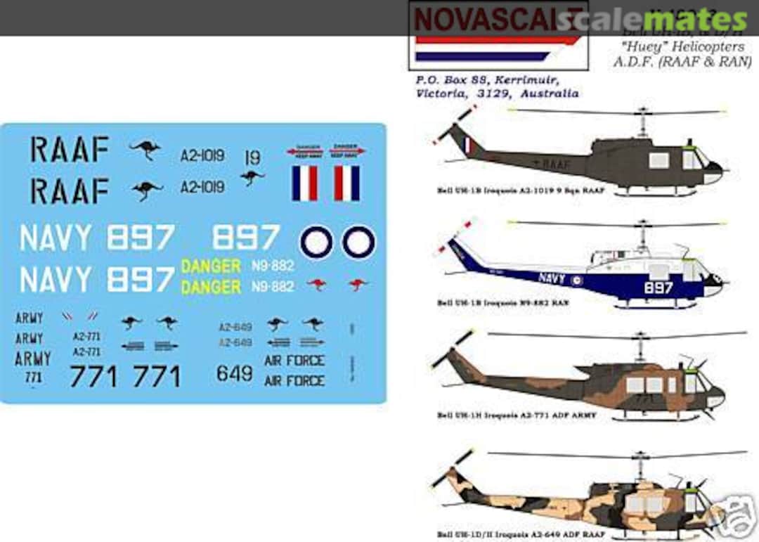 Boxart Bell UH-1B & D/H "Huey" Helicopters A.D.F. (RAAF & RAN) N-48063 Novascale Boxart Bell UH-1B & D/H "Huey" Helicopters A.D.F. (RAAF & RAN) N-48063 Novascale