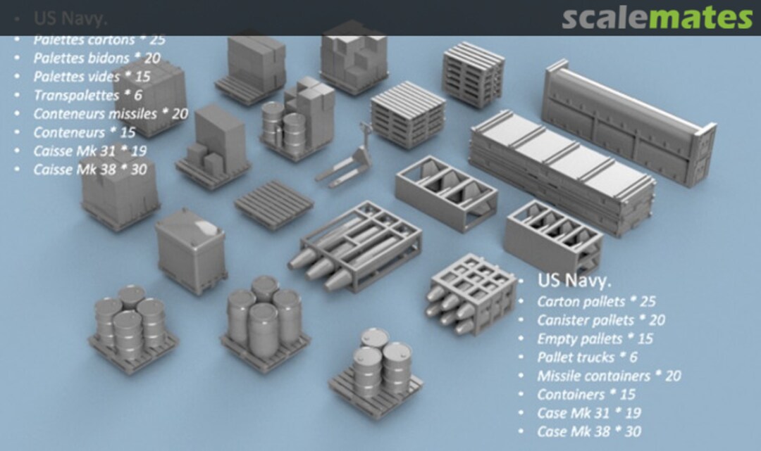 Boxart Assortment of US Navy Pallets and Accessories - 3D printed (150 pcs) 3D700202 L'Arsenal Boxart Assortment of US Navy Pallets and Accessories - 3D printed (150 pcs) 3D700202 L'Arsenal