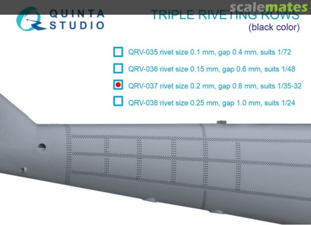 Boxart Triple riveting rows (rivet size 0.20 mm, gap 0.8 mm, suits 1/32 scale), Black color, total length 3.7 m/12 ft QRV-037 Quinta Studio