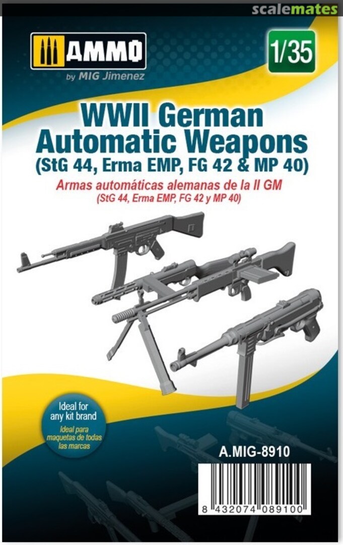 Boxart 1/35 WWII German Automatic Weapons (StG 44, Erma EMP, FG 42 & MP 40) AMIG-8910 Ammo by Mig Jimenez Boxart 1/35 WWII German Automatic Weapons (StG 44, Erma EMP, FG 42 & MP 40) AMIG-8910 Ammo by Mig Jimenez