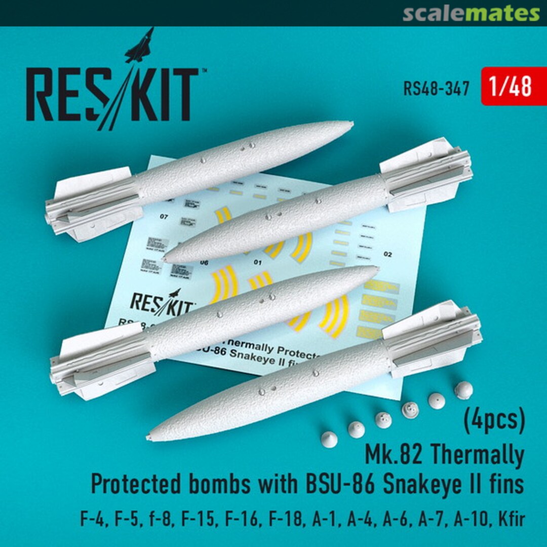 Boxart Mk.82 thermally protected bombs with BSU-86 Snakeye II fins (4pcs) (F-4, F-5, F-8, F-15, F-16, F-18, A-1, A-4, A-6, A-7, A-10, Kfir) RS48-0347 ResKit
